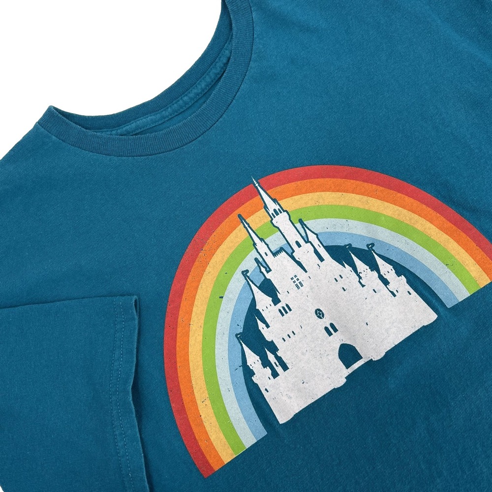 DISNEY Adult Sz L Teal Magic Kingdom Rainbow Graphic Print Short-Sleeve T-Shirt